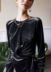 Mulberry Silk Velour Blusen Asymmetrische Taste Lange Ärmel